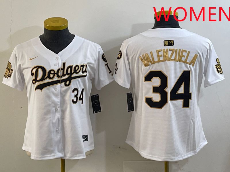 Women Los Angeles Dodgers 34 Valenzuela White Gold Game 2025 Nike MLB Jersey style 1